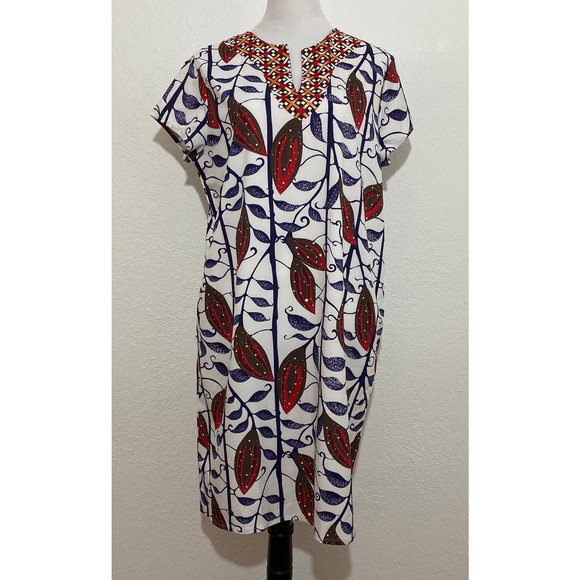Women Red Blue Floral Shift Dress Short Sleeve Boho Unbranded Pockets - Picture 1 of 8